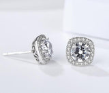 Sterling Silver Cushion Halo Zircon Stud Earrings