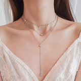 Sterling Silver Double Layer Zircon Pendant Lariat Necklace
