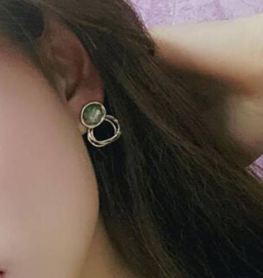 Gold Jade Green Stud Hoop Earrings