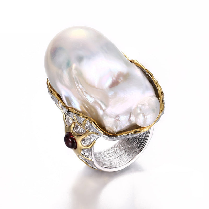 Sterling Silver Baroque Pearl Garnet Aphrodite Ring