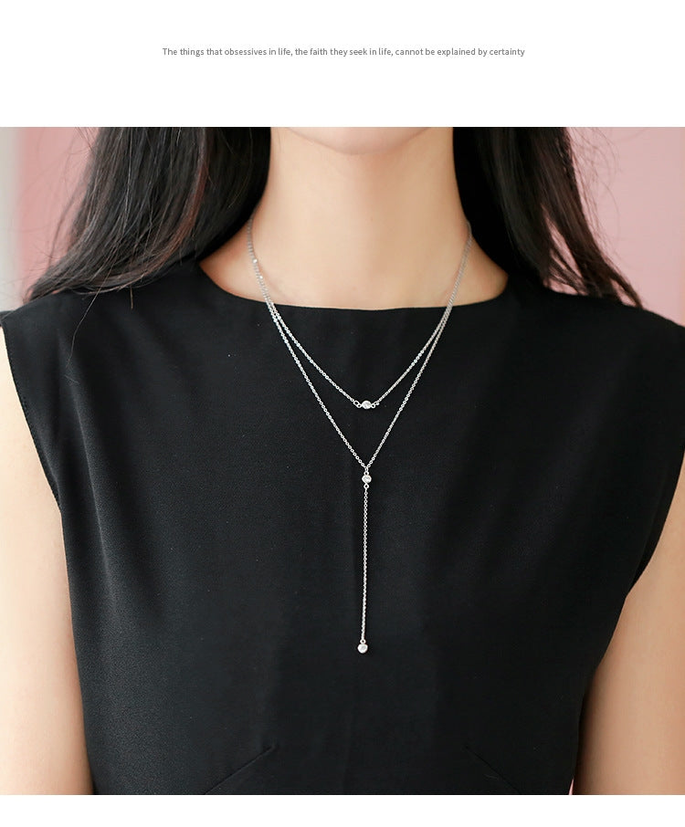 Sterling Silver Double Layer Zircon Pendant Lariat Necklace